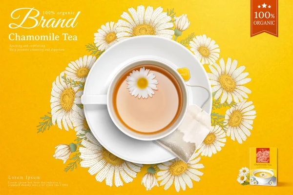 Vue Dessus Tasse Thé Rafraîchissante Avec Sachet Thé Fleurs Camomille — Image vectorielle