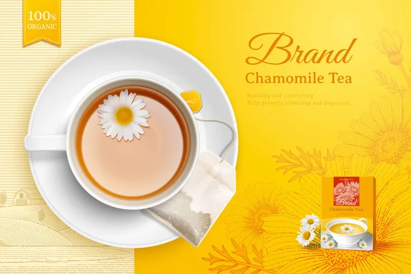 Vue Dessus Tasse Thé Rafraîchissante Avec Sachet Thé Fleur Camomille — Image vectorielle