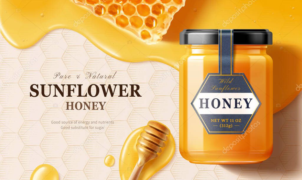 Flay lay of honey jar over liquid with honey dipper in 3d illustration on honeycomb engraved backgruond