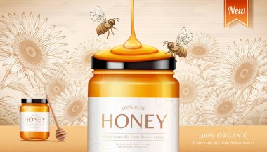 Bal arıları ile bal ürünleri paketi tasarımı ve kabartmalı çiçek arkaplanlı 3 boyutlu resimde damlayan sıvı