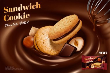 3 boyutlu resimli çikolatalı sandviç reklamı, büyük boy bisküviler ve yumuşak çikolataya batırılmış fındıklar.