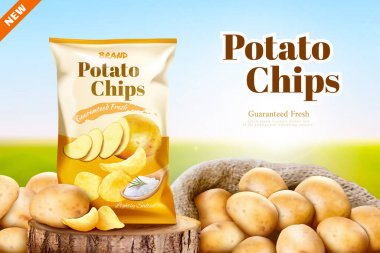 3 boyutlu resimli tuzlu patates cipsi reklamı bir çuval dolusu taze patatesle ahşap kütüğün üzerinde patates cipsi paketi.