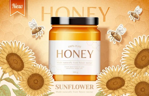 Sonnenblumenhonigproduktglas Mit Honigbienen Illustration Mit Sonnenblumen Und Wabengravuren — Stockvektor