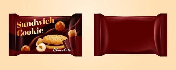 Packungsbeutel Für Mit Schokolade Gefüllte Sandwichkekse Isoliert Auf Gelbem Hintergrund — Stockvektor