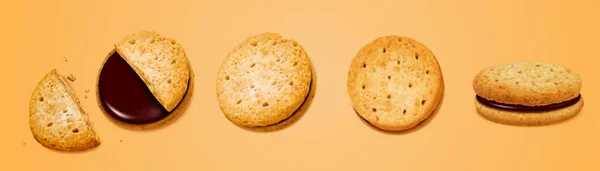 Biscuits Sandwich Chocolat Sous Différents Angles Isolés Sur Fond Orange — Image vectorielle