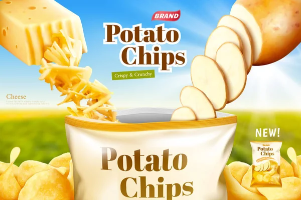Patates cipsi reklamı, 3 boyutlu resimli peynir aroması, peynir ve patates cipsi folyoya konacak.