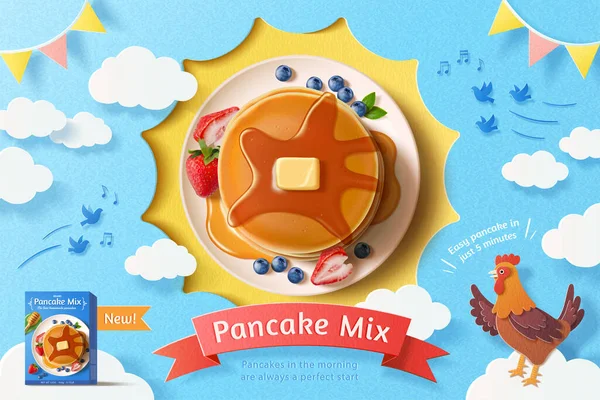 奶油煎饼 蓝天背景新鲜水果 健康早餐的概念 3D例证 — 图库矢量图片