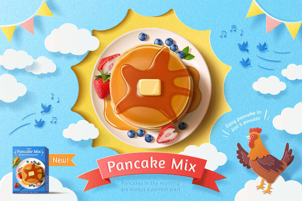 Склад блинов с маслом со свежими фруктами на фоне голубого неба, концепция здорового завтрака, 3d иллюстрация