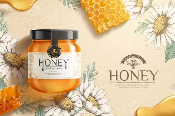 Wildflower honey ads with product flat lay on engraving style white flowers background, 3d illustration honeycombs and honey elements