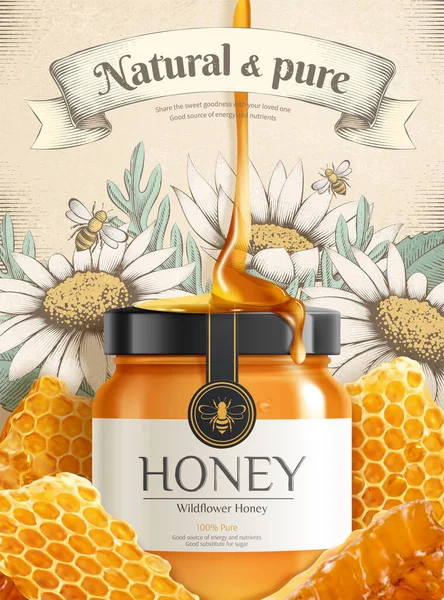 Illustration Wildflower Honey Ads Liquid Dripping Glass Jar Realistic Honeycombs Stock Illustration