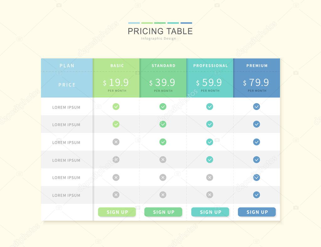 Pricing table infographic design with banner and four options vector template 