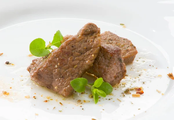 Slices Fried Beef White Plate Decorated Greens Thyme Spices — Stock Photo, Image