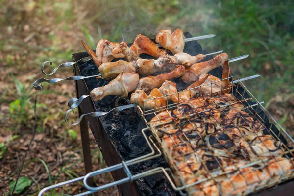 Καπνιστό Κοτόπουλο Σουβλάκια Στη Σχάρα Ηλιόλουστη Ημέρα Άνοιξη — Φωτογραφία Αρχείου