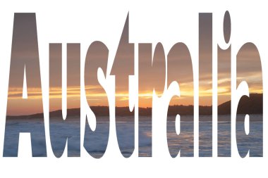 Kelime Avustralya ikonik Avustralya görüntü ile dolu - Bridie Beach Central Coast Nsw çıplaklar plajdan yaz gün batımı - reklam, afiş ve memes için en iyi kullanımı. Gill Sans Ultra Bold yazı tipi ile beyaz arka planda manzara