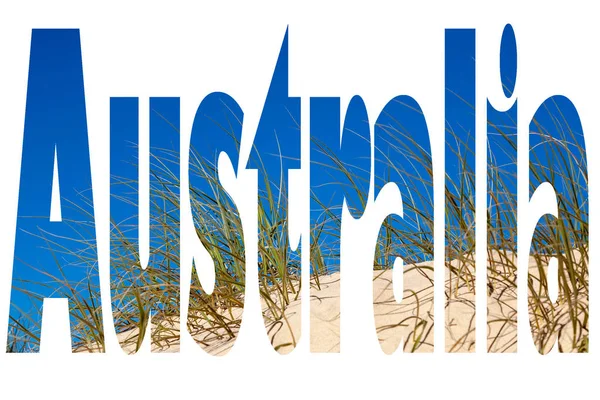 The word Australia filled with iconic Australian image - white sand dunes at Birdie Beach Central Coast NSW nudist beach - best use for advertising, posters and memes. Landscape format isolated on white background