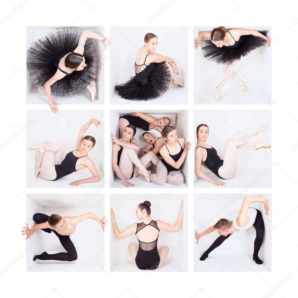 White box series: Teenage female ballet dancers pose in a white box in tutu, jazz or classical costumes. Collage using multiple photoshop layers, masks and templates, borders and grid. Inspire poster for ballet studios