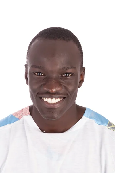 Genç Yakışıklı Sudan Adam Kamerada Beyaz Tshirt Beyaz Dişler Beyaz — Stok fotoğraf