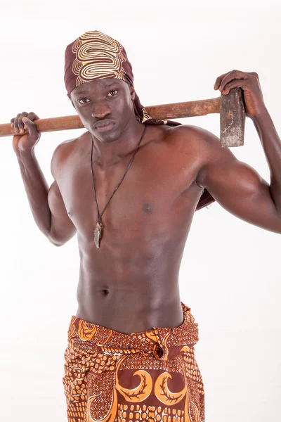 Uomo Sudanese Con Abiti Culturalmente Appropriati Con Ascia Splitter Blocco — Foto Stock