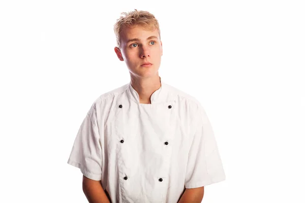 Young Chef Wistful Vacant Look Isolated White Background Looking Right — Stock Photo, Image