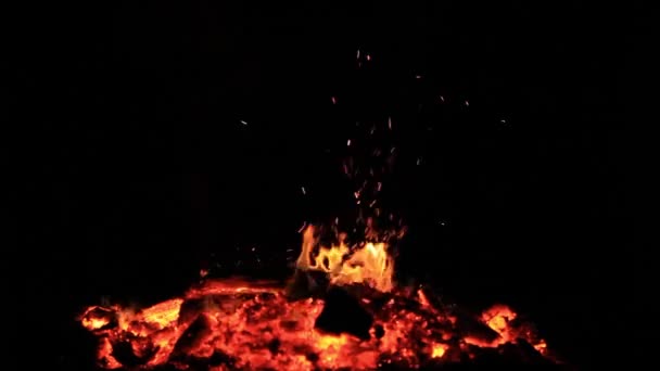 소리가 나지 않습니다. 16초 동안 불씨가 모닥불에서 작은 불길로 흔들렸다. 빛나는 석탄, 작은 불꽃, 밤하늘에 날아오르는 불씨. — 비디오