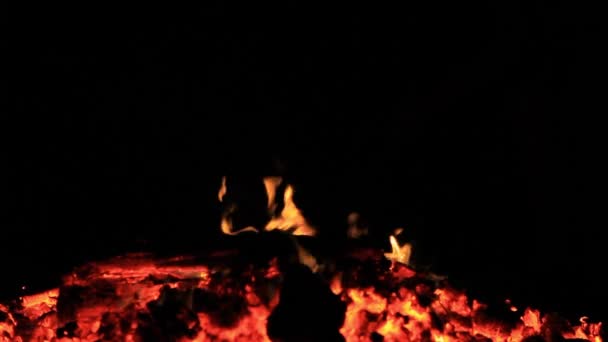 ホームスタイルの映像 音がしないたき火から小さな炎にかき混ぜた20秒の火 輝く石炭 小さな炎 夜空に飛んでくる残り フォークス ナイト コンセプト — ストック動画