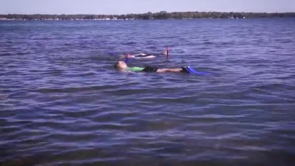 Yaz tatilinin doruğunda gölde şnorkelle yüzen iki genç. Yaz tatili kampı görüntüleri için düşünün. Kaygısız ve genç. — Stok video