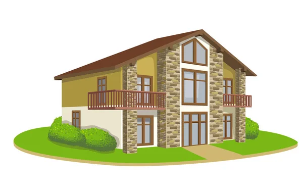石の列と緑の芝生に位置するバルコニー付きベージュを基調に 階建ての家 — ストックベクタ