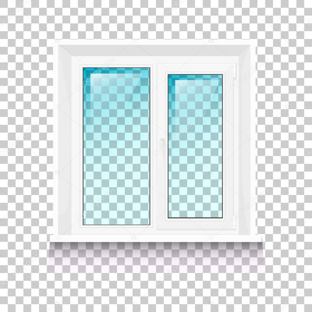 vector image of a plastic window with transparent glass, a window sill and a slope on a transparent background