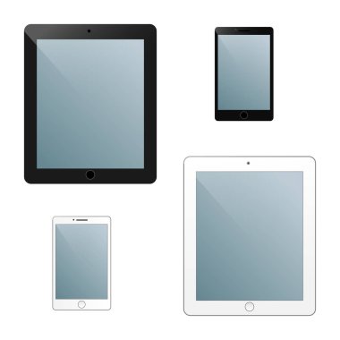 Tablet ve telefon simgeleri beyaz ve siyah ayarlanır. Düz tarzda vektör görüntüsü.
