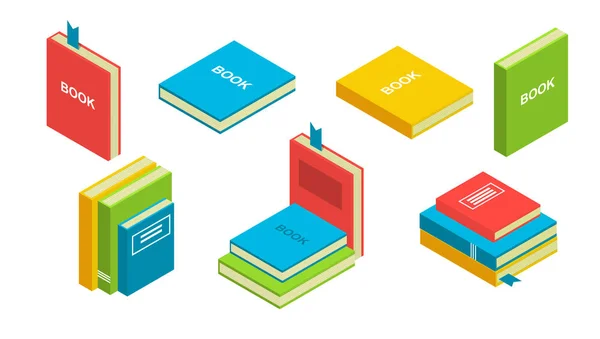 Set Boeken Studieboeken Stijl Van Isometrie Plank Met Boeken Groenboek — Stockvector