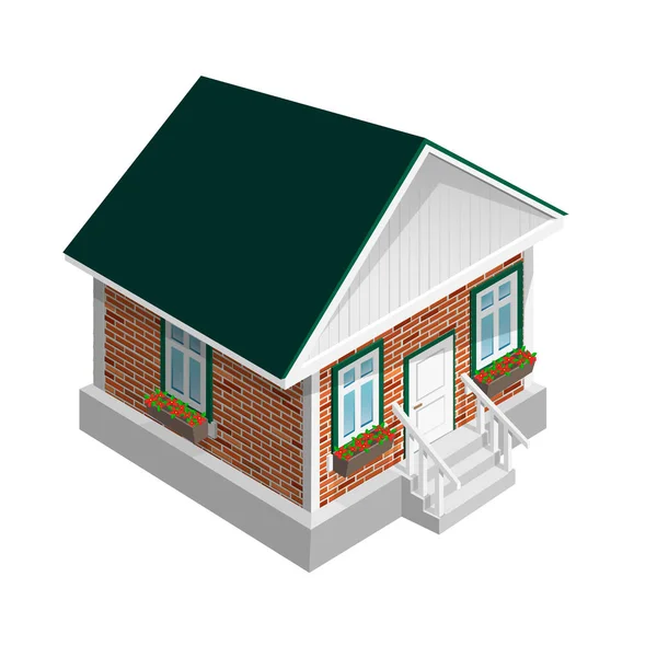 窓の外に植木鉢が付いている緑の屋根のレンガ造りの家 アイソームスタイルの居心地の良いコテージ または地下の3Dレンガの壁とポーチ — ストックベクタ