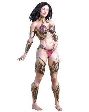 Savaşçı amazon kadını. Uzun siyah saçlı. Kaslı atletik vücut. Kız ayakta samimi kışkırtıcı poz. Kavramsal moda sanat. Gerçekçi 3d render illüstrasyon izole et. Merhaba anahtar.