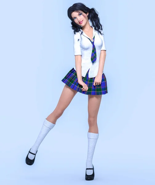 3D beautiful young attractive girl school uniform.White blouse, blue short skirt cage.Woman studio photography. High heel. Conceptual fashion art. Seductive candid pose. Realistic render illustration