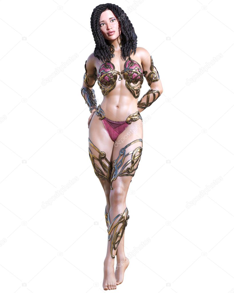 Warrior amazon woman. Long dark hair. Muscular athletic body. Girl standing candid provocative pose. Conceptual fashion art. Realistic 3D rendering isolate illustration. Hi key.