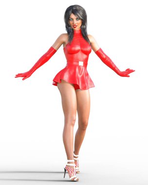 Kırmızı deri elbiseli kadın. Kısa etek. Parlak makyaj. Kavramsal moda sanat. Mavi gözler. Baştan çıkarıcı samimi poz. Gerçekçi 3d render illüstrasyon. Stüdyo, ayrı tutma, yüksek anahtar.