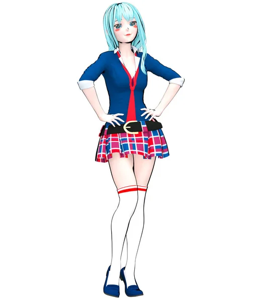 Sexy Anime Doll Japanese Anime Schoolgirl Big Blue Eyes Bright — Stock Photo, Image