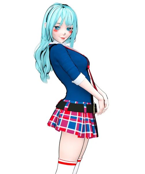 3D sexy anime doll japanese anime schoolgirl big blue eyes and bright makeup. Skirt cage. Cartoon, comics, sketch, drawing, manga illustration. Conceptual fashion art. Seductive candid pose.