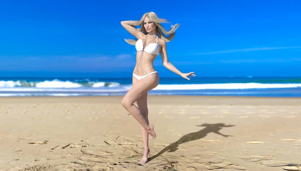 Bikini Traje Baño Blanco Mujer Rubia Hermosa Playa Del Mar — Foto de Stock