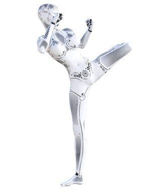 Aksiyon Dövüş robot kadın. Metal droid. Yapay zeka. Kavramsal moda sanat. Gerçekçi 3d render illüstrasyon. Stüdyo, ayrı tutma, yüksek anahtar.