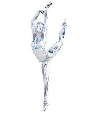 Aksiyon Dövüş robot kadın. Metal droid. Yapay zeka. Kavramsal moda sanat. Gerçekçi 3d render illüstrasyon. Stüdyo, ayrı tutma, yüksek anahtar.