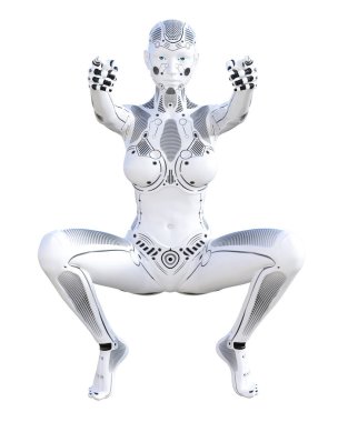 Aksiyon Dövüş robot kadın. Metal droid. Yapay zeka. Kavramsal moda sanat. Gerçekçi 3d render illüstrasyon. Stüdyo, ayrı tutma, yüksek anahtar.