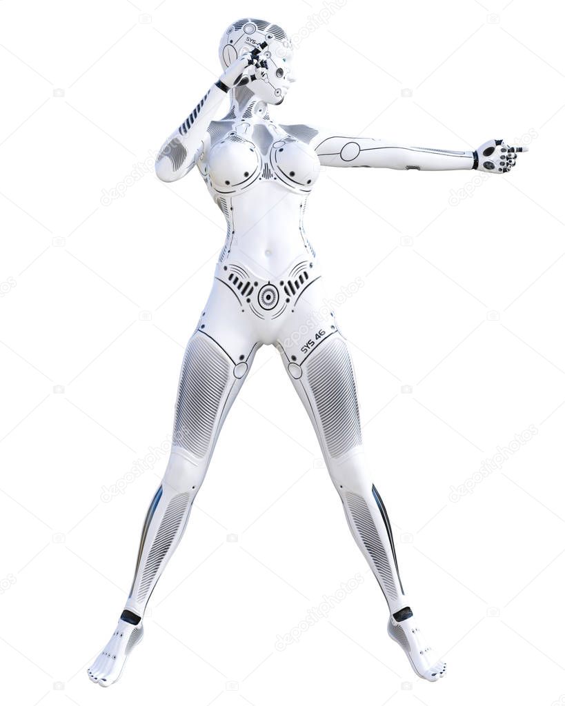 Robot woman fighting action. Metal droid. Artificial Intelligence. Conceptual fashion art. Realistic 3D render illustration. Studio, isolate, high key.
