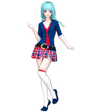 3D seksi anime bebek Japon anime schoolgirl büyük mavi gözleri ve parlak makyaj. Etek kafes. Çizgi film, çizgi roman, kroki, çizim, manga çizim. Kavramsal moda sanat. Baştan çıkarıcı samimi poz.