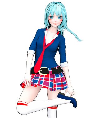 3D seksi anime bebek Japon anime schoolgirl büyük mavi gözleri ve parlak makyaj. Etek kafes. Çizgi film, çizgi roman, kroki, çizim, manga çizim. Kavramsal moda sanat. Baştan çıkarıcı samimi poz.