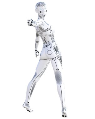 Aksiyon Dövüş robot kadın. Metal droid. Yapay zeka. Kavramsal moda sanat. Gerçekçi 3d render illüstrasyon. Stüdyo, ayrı tutma, yüksek anahtar.