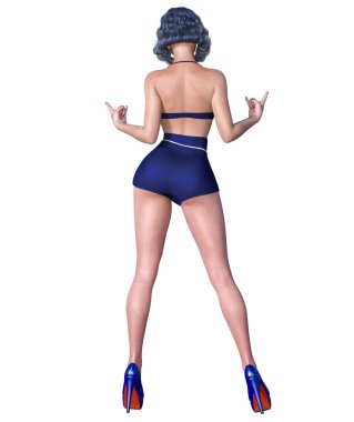 3D güzel genç çekici PIN kız vintage kadar. Şort ve sutyen. Kadın stüdyo fotoğrafçılığı. Yüksek topuk. Kavramsal moda sanat. Baştan çıkarıcı samimi poz. Gerçekçi render. Yaz koleksiyonu giysileri