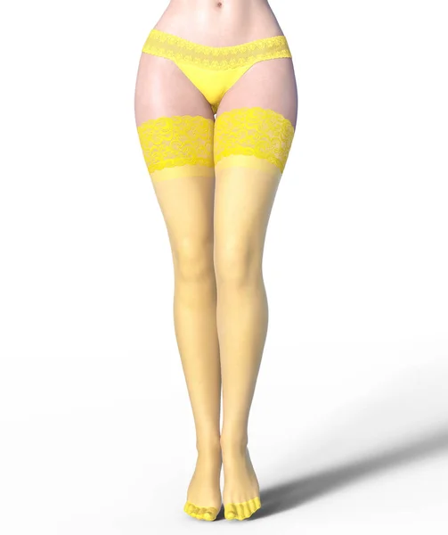 Eautiful Long Slender Sexy Female Legs Yellow Panties Stockings Beautiful — Stock Photo, Image