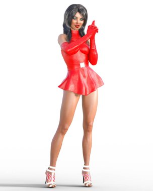 Kırmızı deri elbiseli kadın. Kısa etek. Parlak makyaj. Kavramsal moda sanat. Mavi gözler. Baştan çıkarıcı samimi poz. Gerçekçi 3d render illüstrasyon. Stüdyo, ayrı tutma, yüksek anahtar.