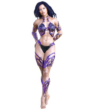 Savaşçı amazon kadını. Uzun siyah saçlı. Kaslı atletik vücut. Kız ayakta samimi kışkırtıcı poz. Kavramsal moda sanat. Gerçekçi 3d render illüstrasyon izole et. Merhaba anahtar.