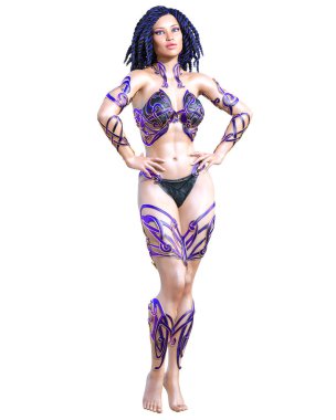 Savaşçı amazon kadını. Uzun siyah saçlı. Kaslı atletik vücut. Kız ayakta samimi kışkırtıcı poz. Kavramsal moda sanat. Gerçekçi 3d render illüstrasyon izole et. Merhaba anahtar.